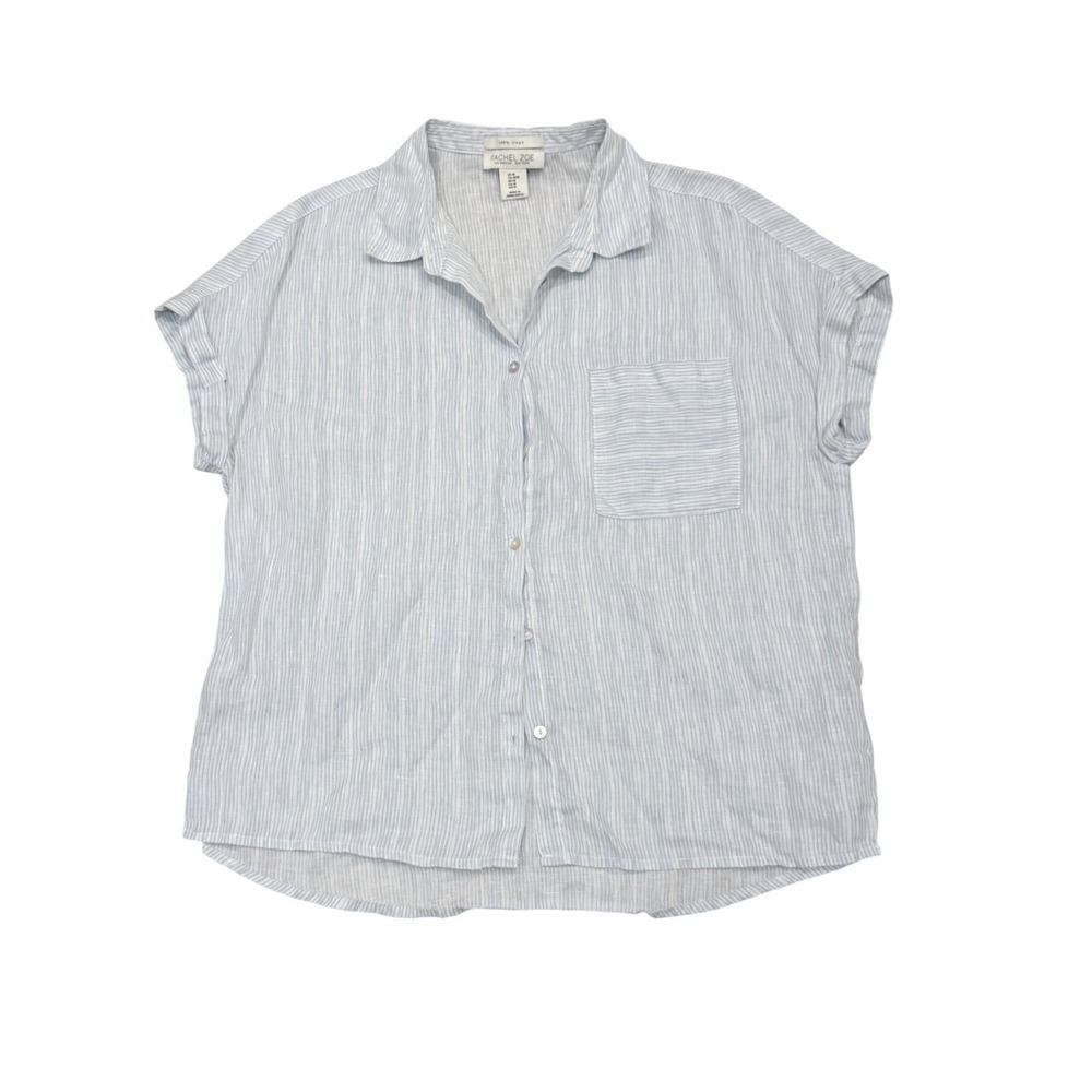 Rachel Zoe Womens M White Blue Striped Linen Coastal Beach Boxy Button-Up Shirt